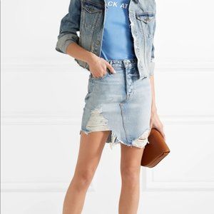 New GRLFRND Rhoda high rise high low rigid distressed frayed denim mini skirt